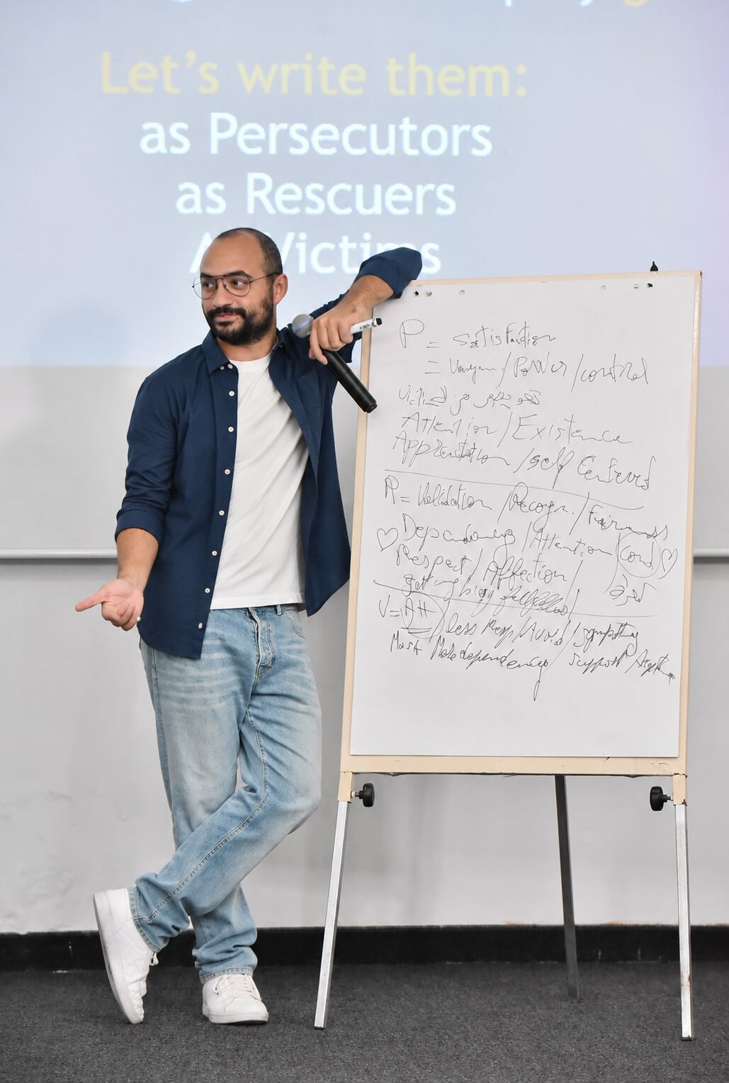 Zak Dakkash teaching beside a whiteboard for Interpersonal Communication Dynamics
